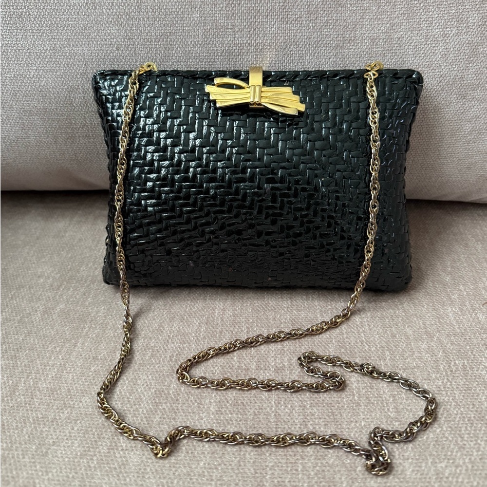 Vintage Rodo Black Lacquer Wicker Bag with gold tone chain Strap